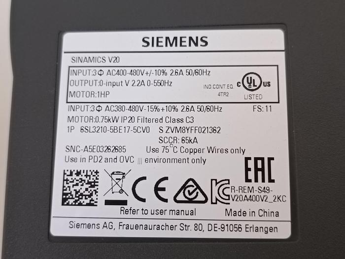 Gebraucht Frequenzumformer SINAMICS V20, 6SL3210-5BE17-5CV0, Siemens, neuwertig -50%