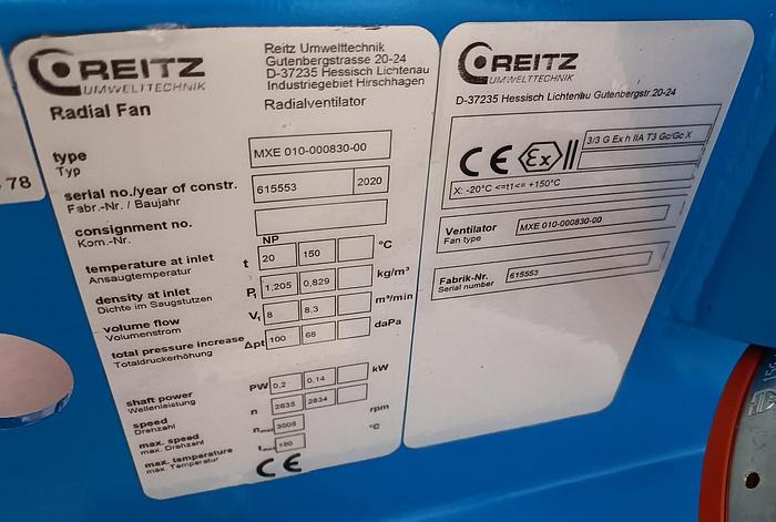 Gebraucht Ex geschützter Radialventilator, 8,3m³/min, MXE 010-000830-00, Reitz, neuwertig -40%