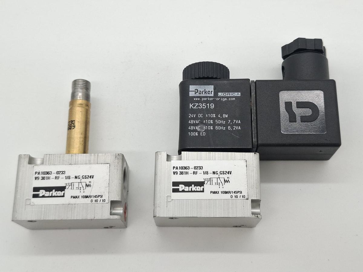 2 Stück Magnetventile, PA10363-0233, V9 381H-RF-1/8-NG GS24V, Parker, neuwertig