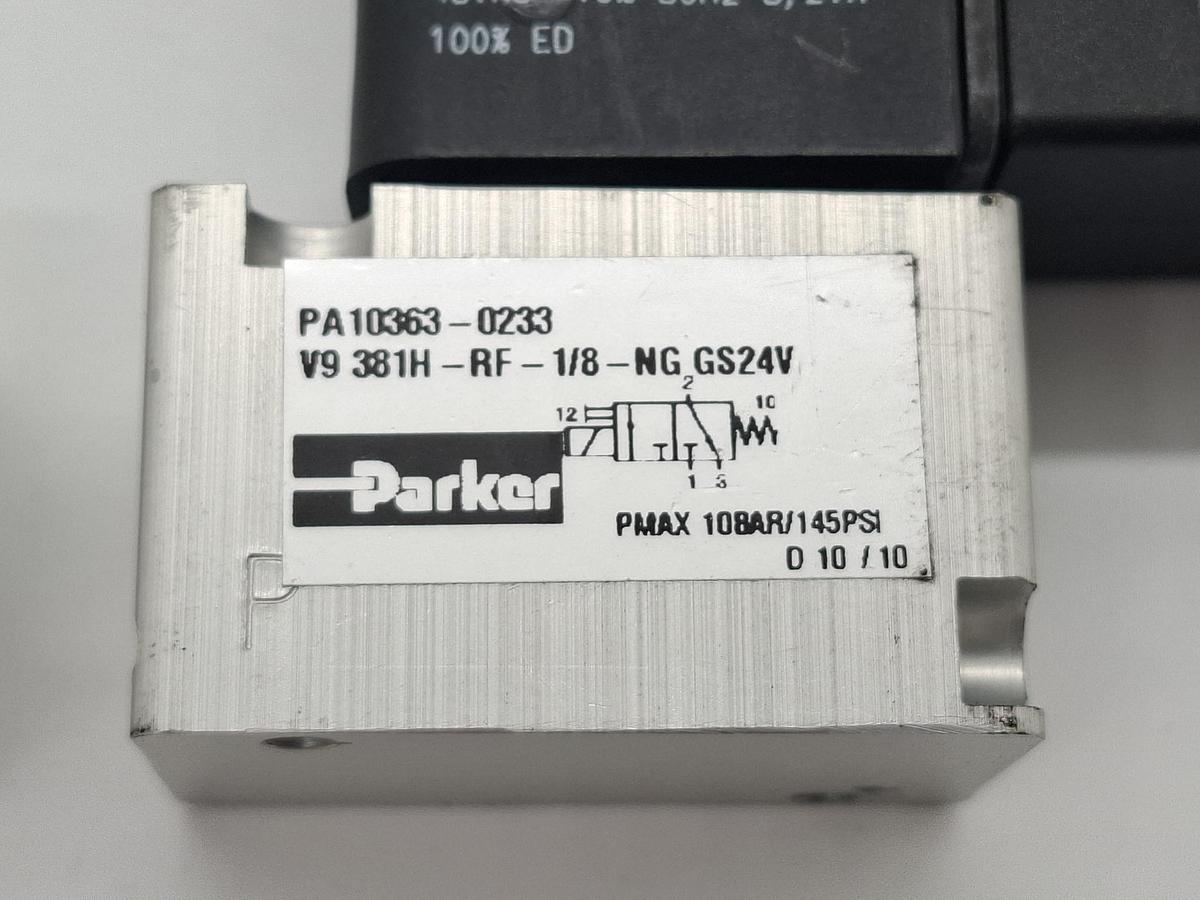 2 Stück Magnetventile, PA10363-0233, V9 381H-RF-1/8-NG GS24V, Parker, neuwertig