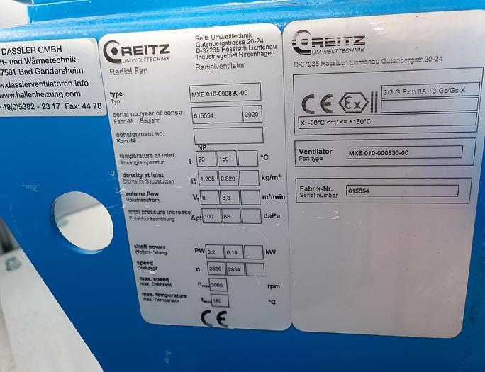 Gebraucht Ex geschützter Radialventilator, 8,3m³/min, MXE 010-000830-00, Reitz, neuwertig -40%