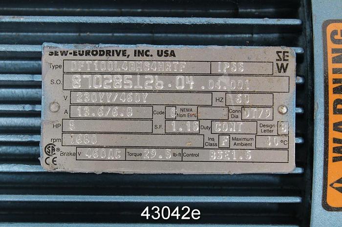 Unused Sew-Eurodrive (THE SNUGGLER) Gear Drive With 5 Hp Motor (Unused Storeroom Spare) #43042