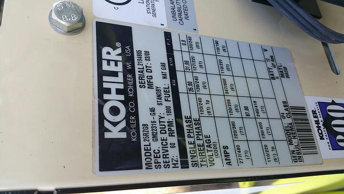Used Kohler 25 kW Natural Gas Standby Generator/ low hours