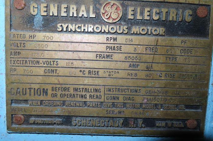 Used 700 HP GENERAL ELECTRIC SYNCHRONOUS MOTOR 514 RPM (REFINER MOTOR)