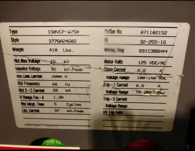 Used 2007 Eaton Cutelr Hammer  15Kv Breaker Line up