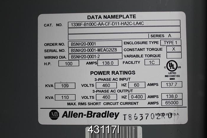 Unused Allen Bradley 1336-B100C-AA-DF-D11-HA2C A/C Drive #43117