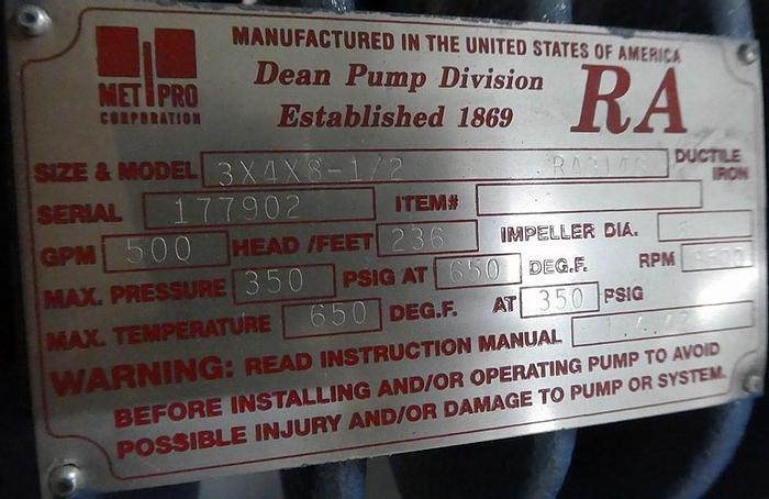 Used MET-PRO RA-3146 HOT OIL PUMP UNUSED SPARE UNIT