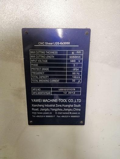 Used 2012 YAWEI LGS 6x3050 CNC Hydraulic guillotine shears
