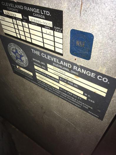 Used CLEVELAND 80 GAL. STATIONARY NAT. GAS STEAM KETTLE, S/S SPRING ASSIST E-Z LIFT COVER, 2" TANGENT VALVE, (#843).