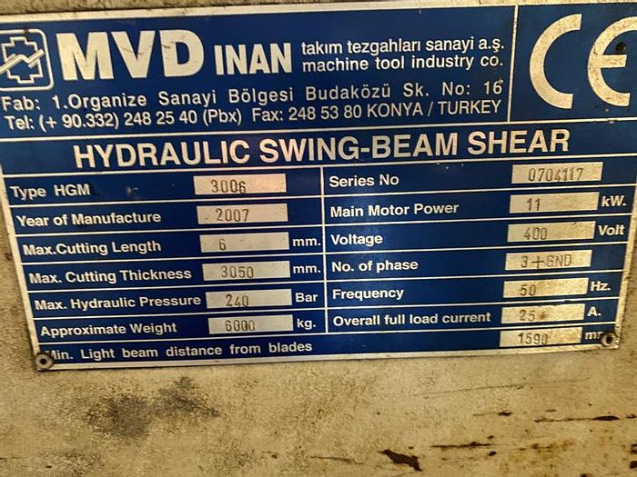 Used 1997 MVD Inan HGM 3006 3m x 6mm Hydraulic Guillotine