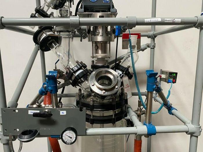 Used Sentinel Process System Skid w/ 20 L Jacketed Glass Reactor, Condenser & Mixer