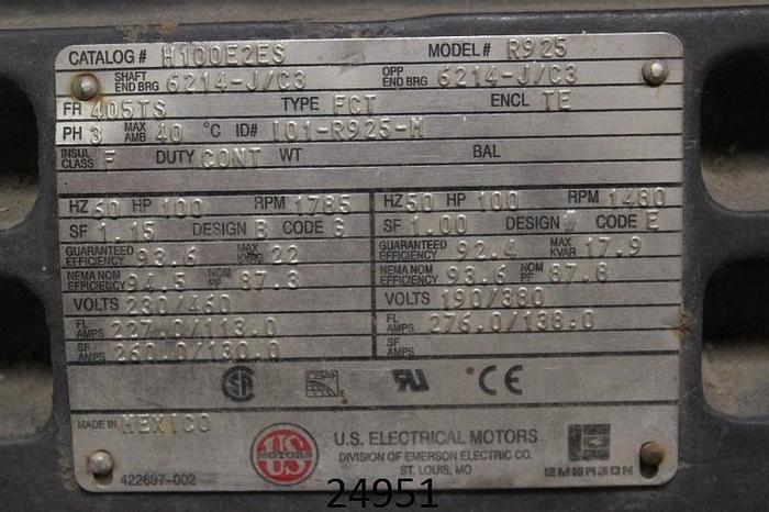 Used Us Motor H1D0E2ES-R925 Ac Motor, 100 Hp, 1785 Rpm, 230/460 Volts, Frame 405Ts, 3 Phase, 60 Hertz, 1.15 Service Factor, Code G, Design B, 93.6% Efficiency, 87.3% Power Factor, Totally Enclosed #24951