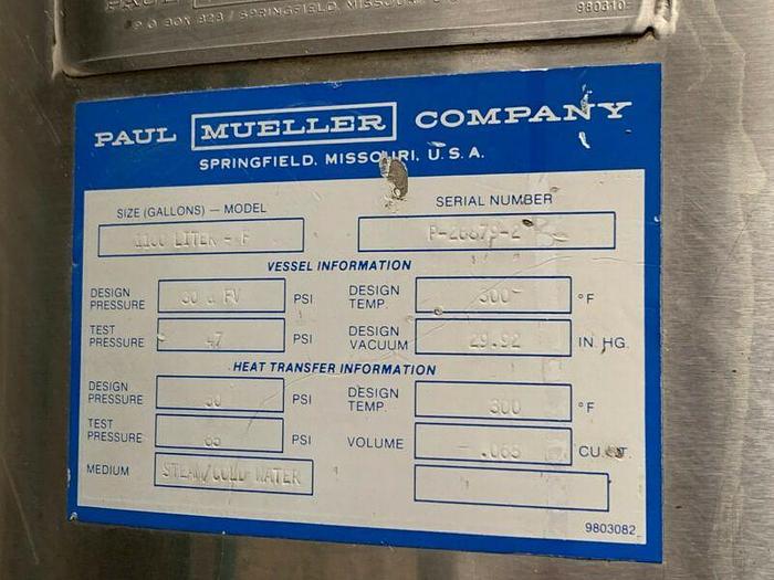 Used Paul Mueller 1100 Liter- F Stainless Steel Triple Jacketed Reactor 50 PSI
