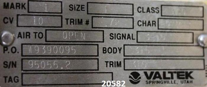 Used Valtek  Air Open Steam Valve, 1"/C.U.10, 7" Wide Flange, Mark 1, Body Class: 150, Trim: 72, Char Eo-Per, Signal: 3-15, Body: 316 Stainless Steel, Trim: 316 Stainless Steel, P.O. #: W9390095 #20582