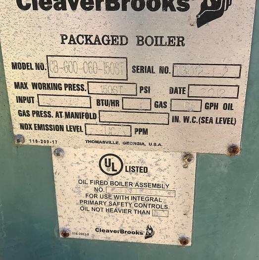 Used 2012 Cleaver Brooks 60 HP 150 PSI Steam Boiler Oil Burner CB-600-60-150