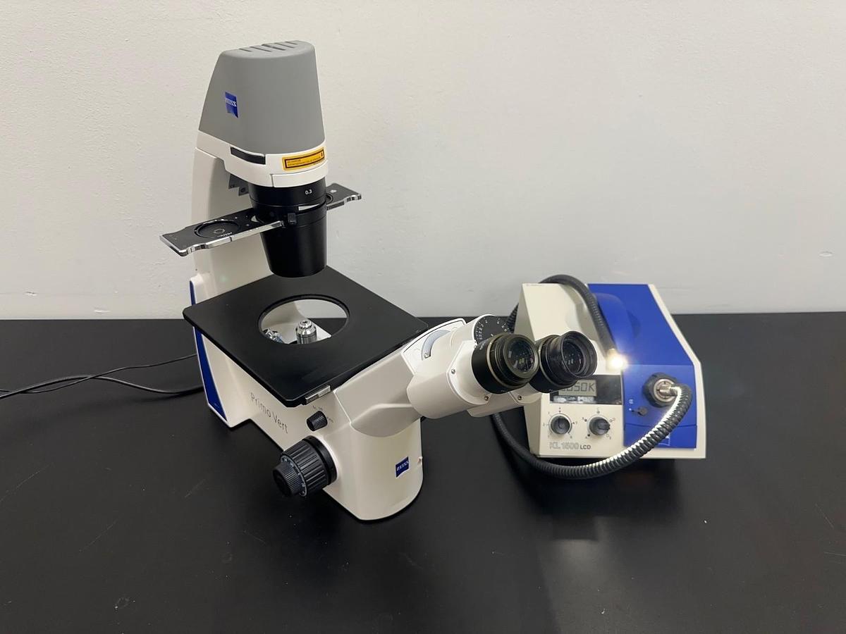 Used Zeiss Primo Vert Inverted Microscope w/ (4) Objectives 5X 10X 20X 40X & KL 1500