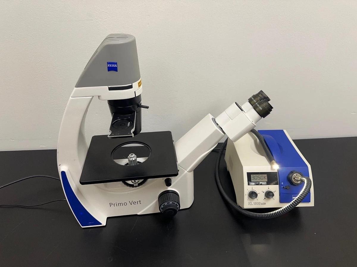 Used Zeiss Primo Vert Inverted Microscope w/ (4) Objectives 5X 10X 20X 40X & KL 1500