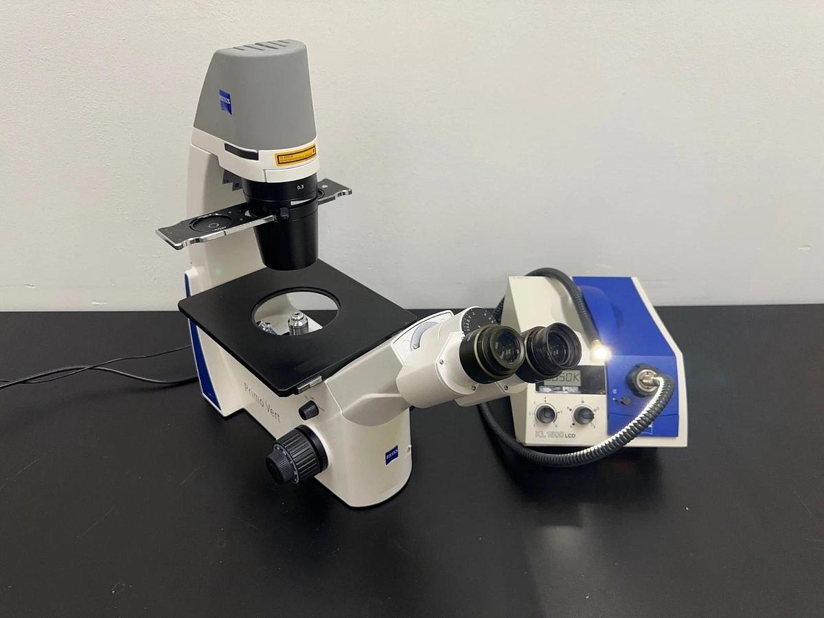 Used Zeiss Primo Vert Inverted Microscope w/ (4) Objectives 5X 10X 20X 40X & KL 1500