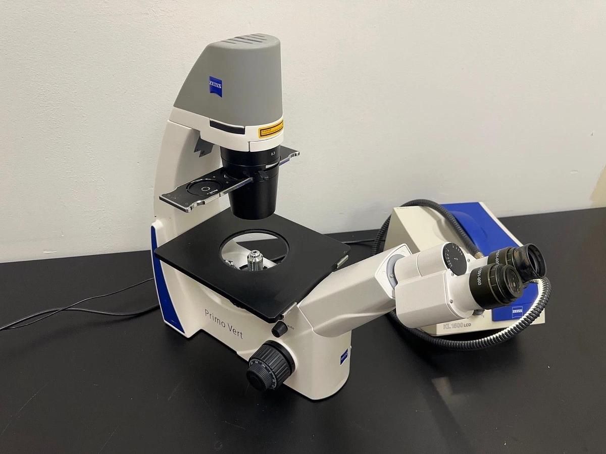 Used Zeiss Primo Vert Inverted Microscope w/ (4) Objectives 5X 10X 20X 40X & KL 1500