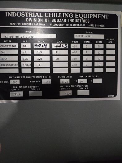 Used Refrig, Chiller, 22 GPM, Budzar, Air Cooled #C742063