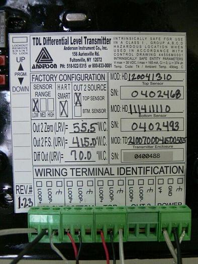 Used Anderson TDL Differential Level Transmitter W/ Stainless Steel Hoffman Enclosure