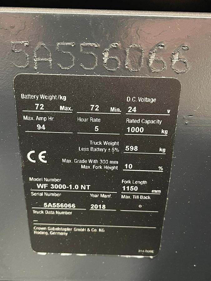 2018 Crown WF 300-1.0 NT Fork Truck
