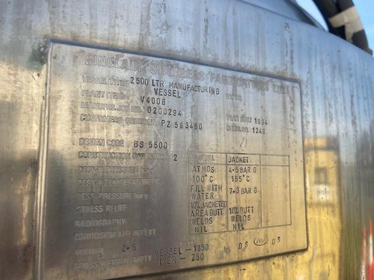 Used Sinclair Stainless 2500ltr jacketed mixing vessel, Eexd