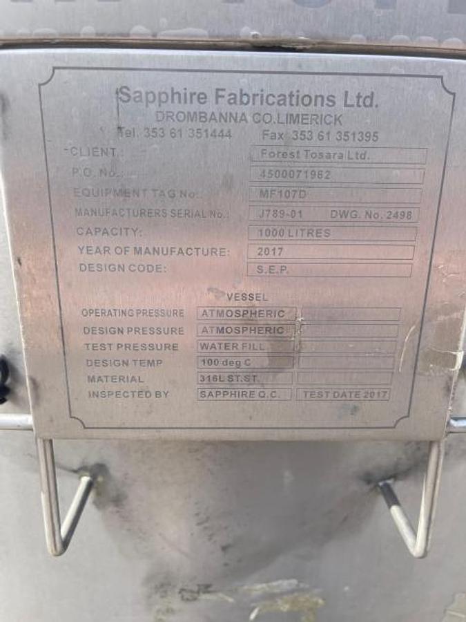 Used Sapphire Fabrications 1000L mixing vessel