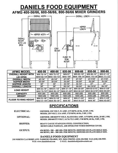 Daniels Food Equipment, Mixer/Grinder; Md#AFMG 600, 600# Capacity, NEW