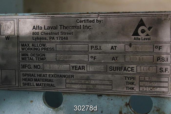 Used Alpha Laval 1-H Spiral Heat Exchanger #30278