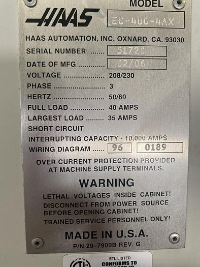 Used 2006 HAAS EC-400 PP 4-Axis CNC Horizontal Machining Center