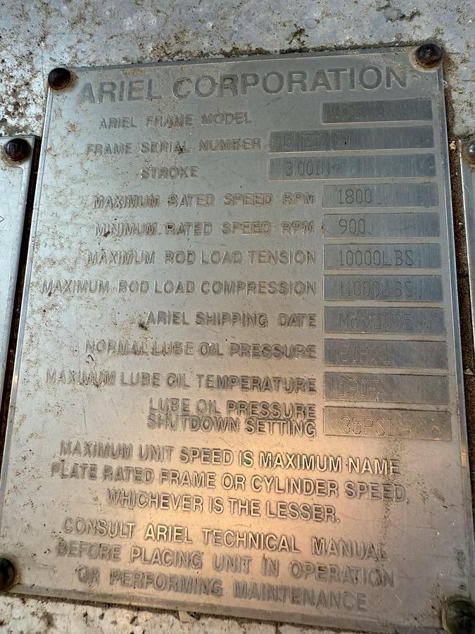 Used 600 HP / Ariel JGA-4 SN F-21749 Four Stage CNG Compressor Package Size 6.125” x 4.125” x 3.375” x 3.375” x 1.75” x 1.75” with ACE E721 Cooler