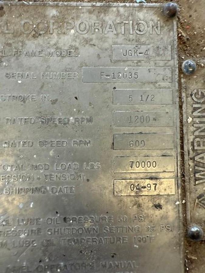 Used Waukesha Model L5790GL SN C-12498/3 Ariel Model JGK-4-3 Stage SN F-12035 Cylinder Sizes 14.125" x 13.625" x 9.125" x 6.25" Air-Ex Cooler Model 156EH 635,1315,1485