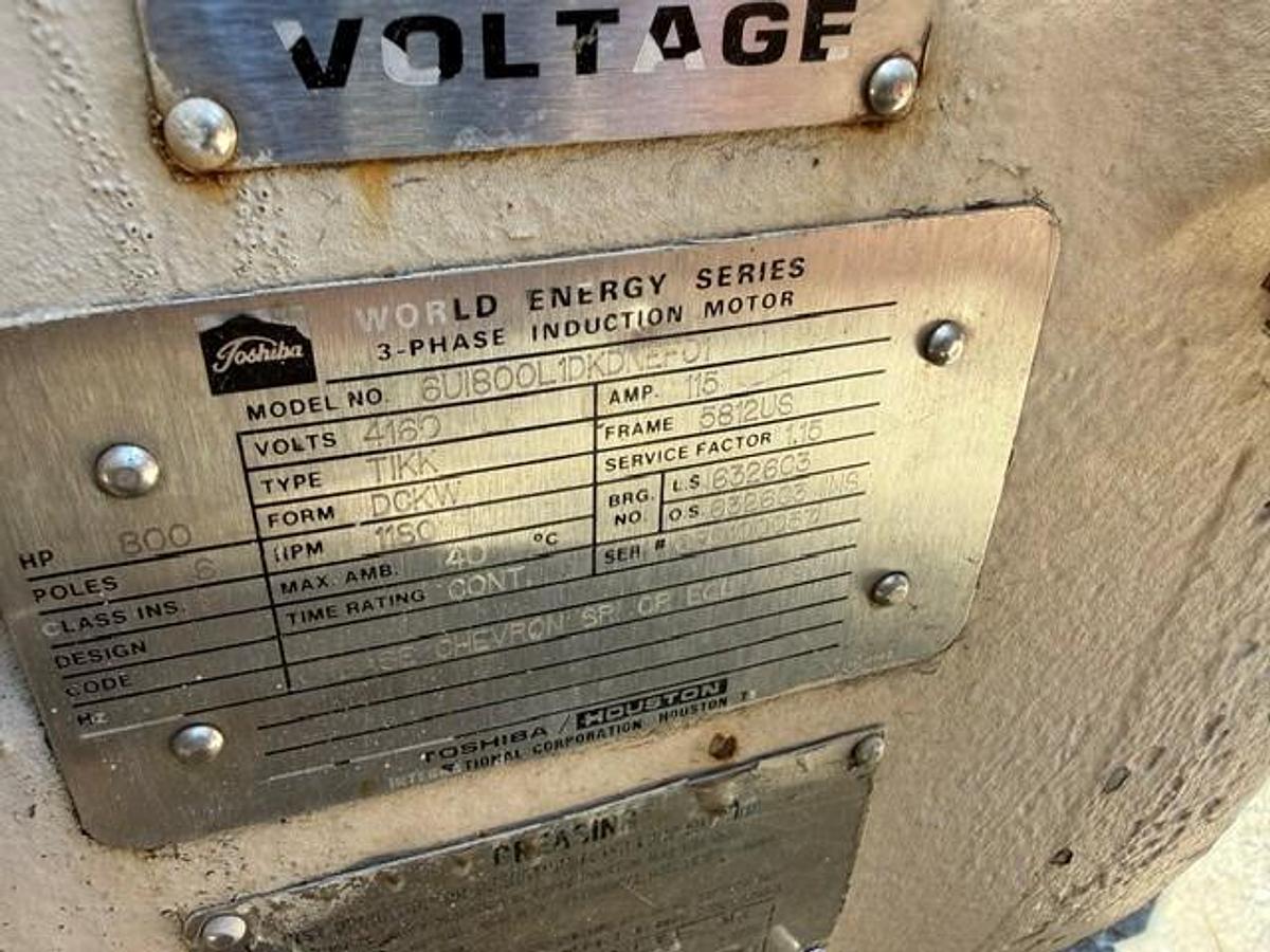 Used Toshiba 800 HP / 1180 RPM / 4160 Volt Electric Motor SN 080100057