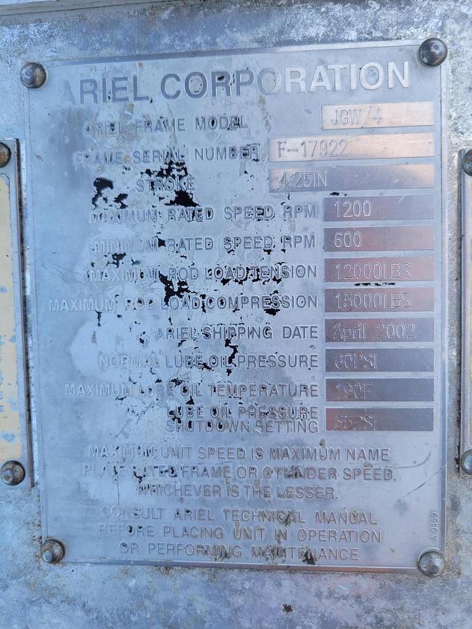 Used Ariel JGW-4-3 STAGE S/N F-17922 MFG 04/202 Size 13.5 x 13.5 x 10.375 x 6” x 4 1/4 Stroke