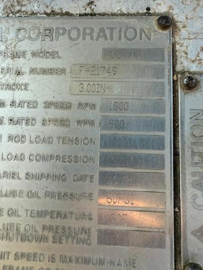 Used 600 HP / Ariel JGA-4 SN F-21749 Four Stage CNG Compressor Package Size 6.125” x 4.125” x 3.375” x 3.375” x 1.75” x 1.75” with ACE E721 Cooler