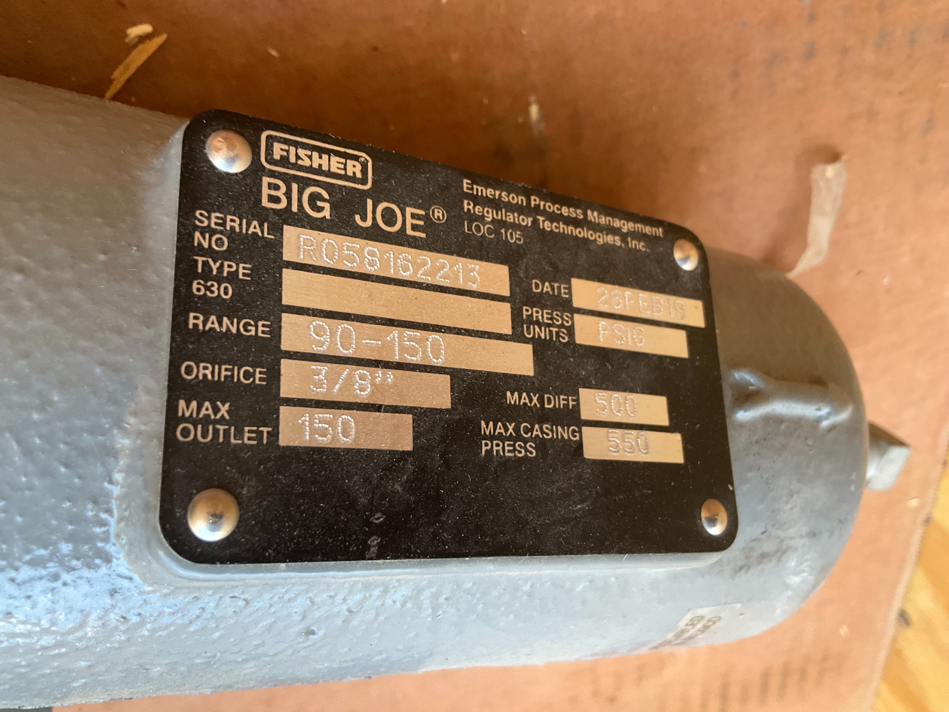 Fisher Big Joe Type 630 high-pressure gas regulator SN: R058162213