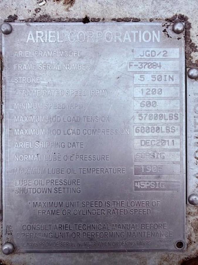 Used Ariel JGD-2 Compressor Frame SN F-37084 with (2) 9.25” DM 1700