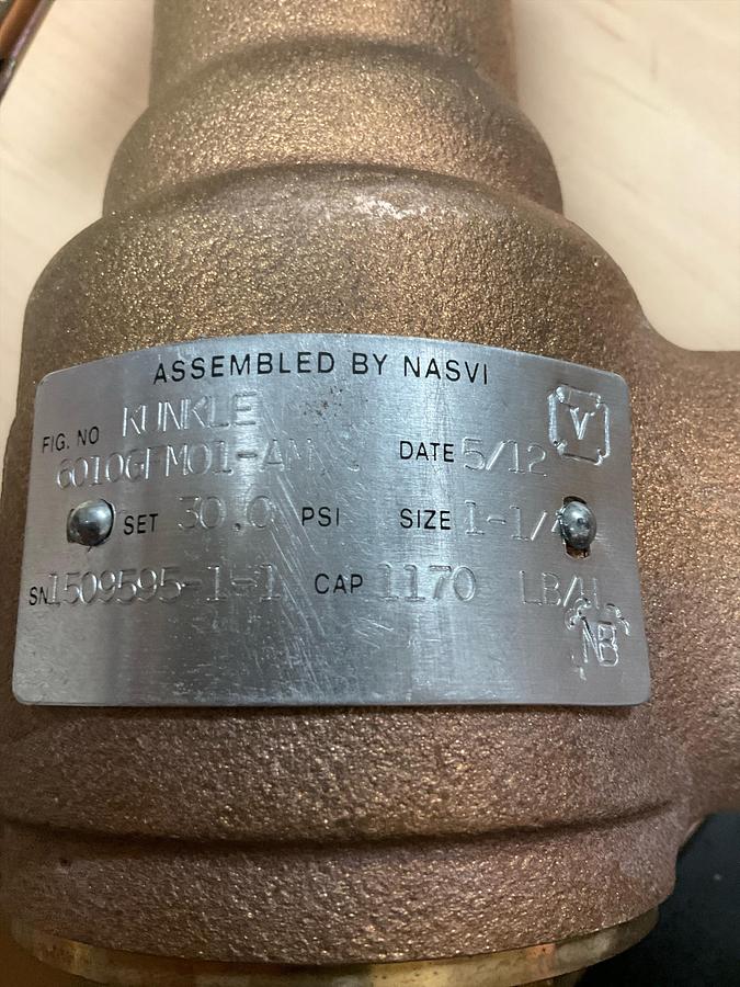 Used KUNKLE VALVE Safety Relief Valve: MNPT x FNPT, 1 in x 1 1/4 in, Bronze, 314 psi Max. Op Pressure