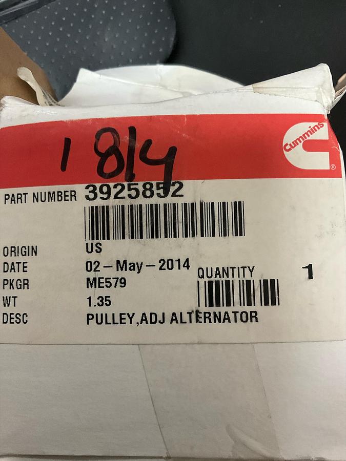 CUMMINS ALTERNATOR PULLEY PN: 3925852