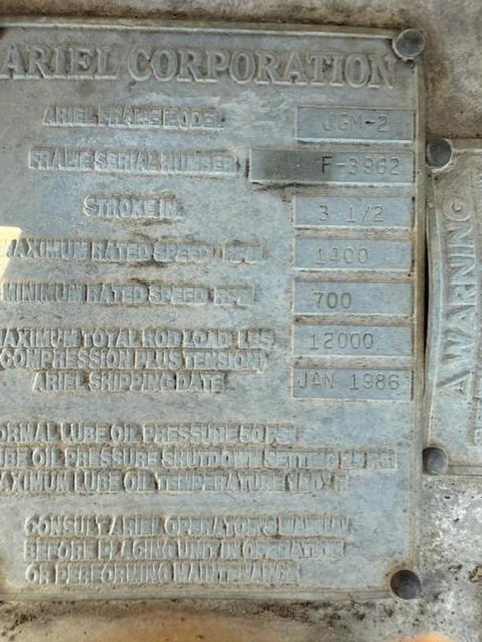 Used Ariel JGM-2 Frame SN F-3962 with (2) 4.125” JGM 720 # Cylinders 