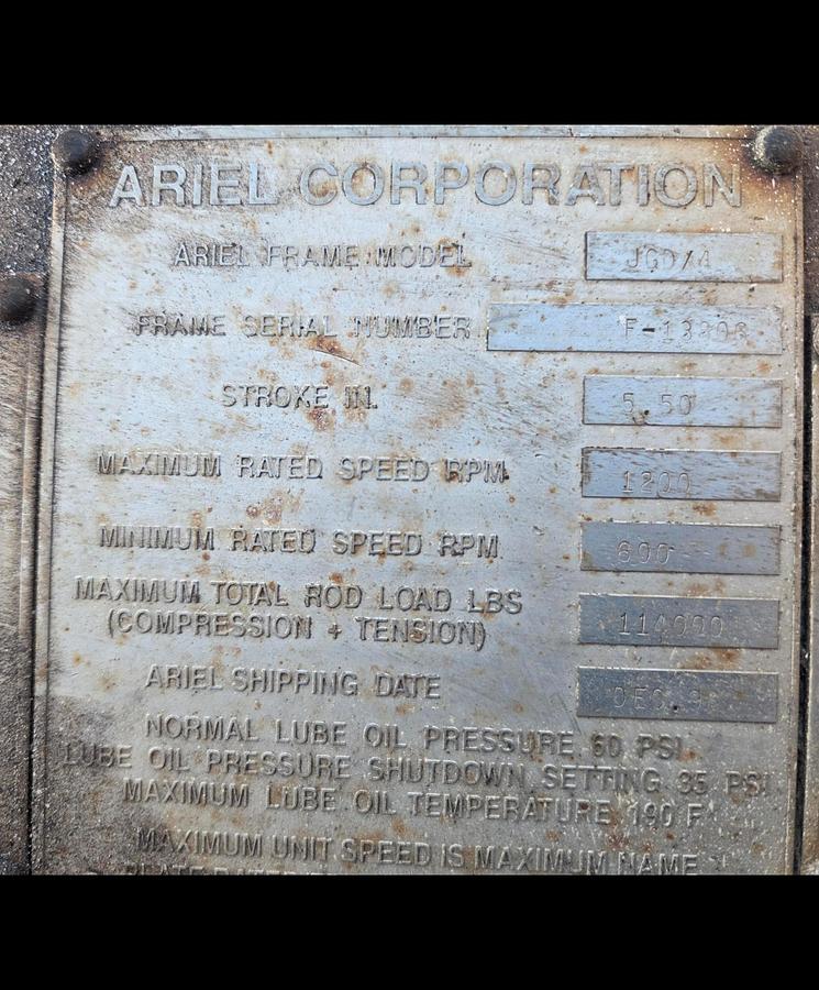 Used Ariel JGD-4 Compressor Frame SN F-13806 with 4 Cylinders Size 8.375" x 8.375" x 6.25" x 6.25"