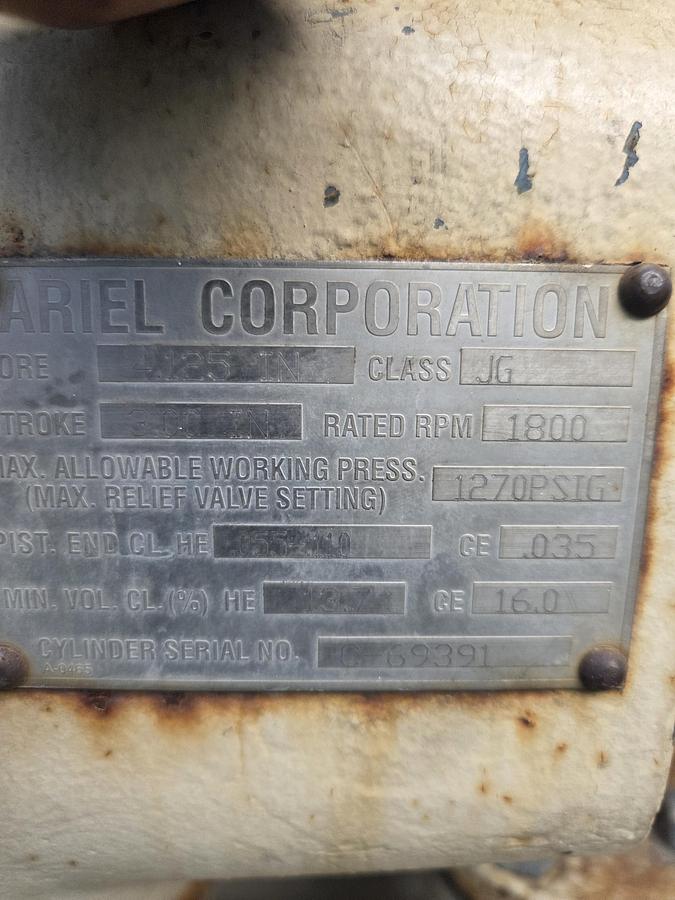 Used 600 HP / Ariel JGA-4 SN F-21749 Four Stage CNG Compressor Package Size 6.125” x 4.125” x 3.375” x 3.375” x 1.75” x 1.75” with ACE E721 Cooler