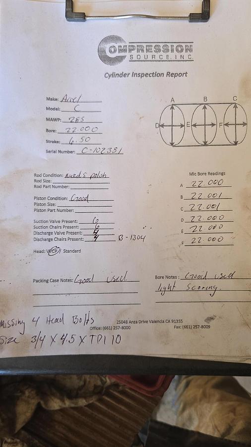 Used Ariel 22” JGC 285 # Cylinder SN C-102351