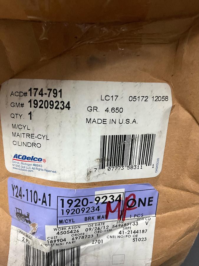 AC Delco Brake Master Cylinder PBR PN: 19209234