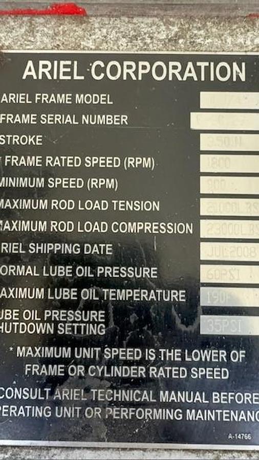 Used Ariel JGJ-4 Compressor Frame SN F-30727 with 11” x 11” x 9.25” x 5.125” Cylinders