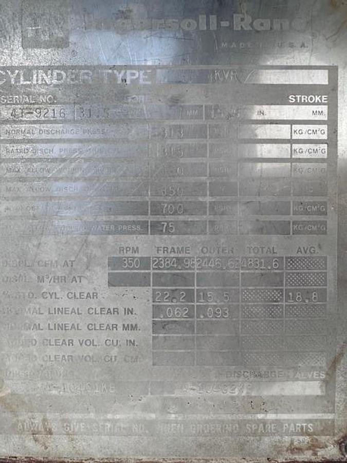 Used Ingersoll Rand 31.5” x 15” stroke KVR 350 # Cylinder SN 4T-9216