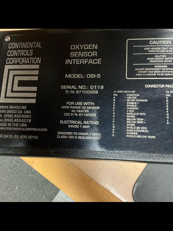Used Continental controls corporation Oxygen Sensor Interface PN: 67100008 Model: OSI-5