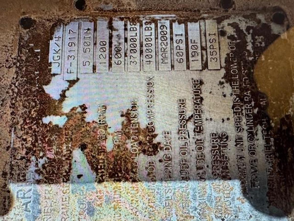 Used Waukesha Model 7042GSI ESM/Ariel Model JGK-4-3 Stage S/N F-31917 7 Cylinder Sizes 15 3/8 x 15 3/8 x 10.5 x 7 1/4 x 5.5" Stroke 