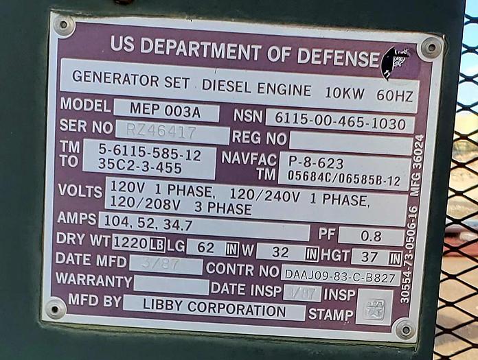 Used Libby Corp 10kw Generator